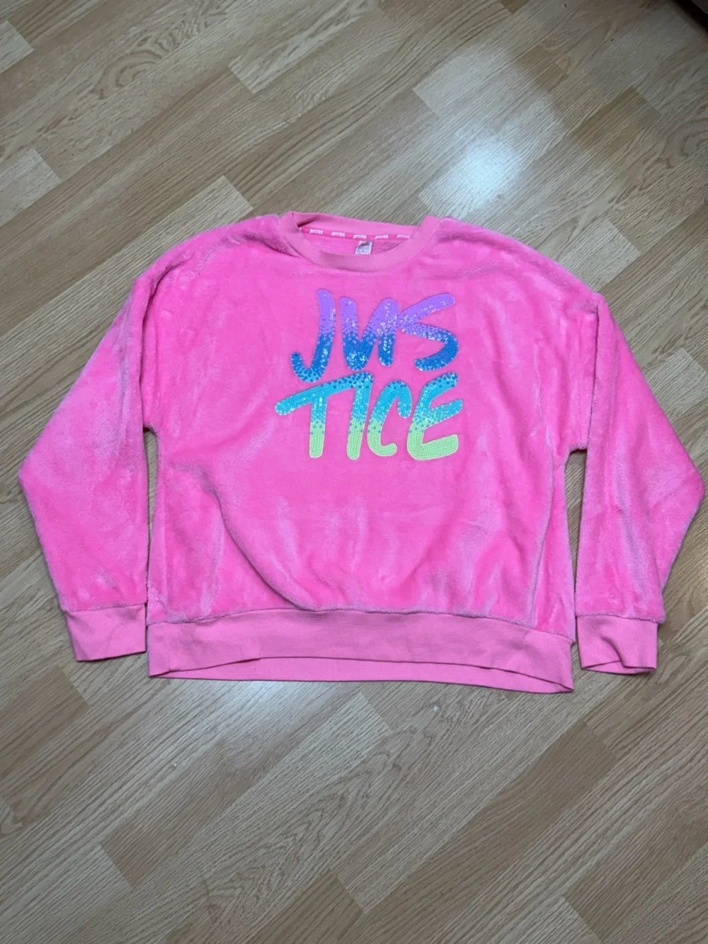 Justice Girls XL Plus 16P 18P Pink Faux Fur Sequin Logo Plush Sweatshirt Top